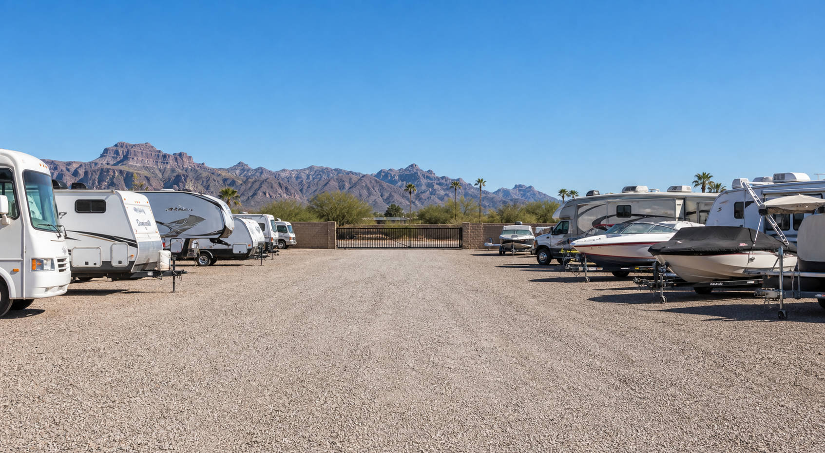 Generic RV and boat storage yard with a secure gate and desert mountain backdrop