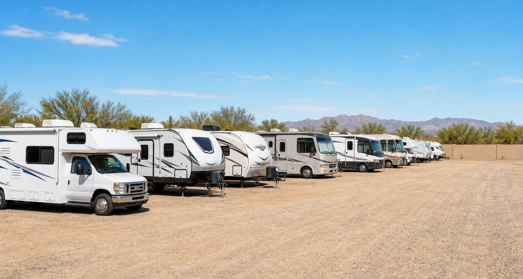 Generic row of RVs parked in an outdoor storage lot