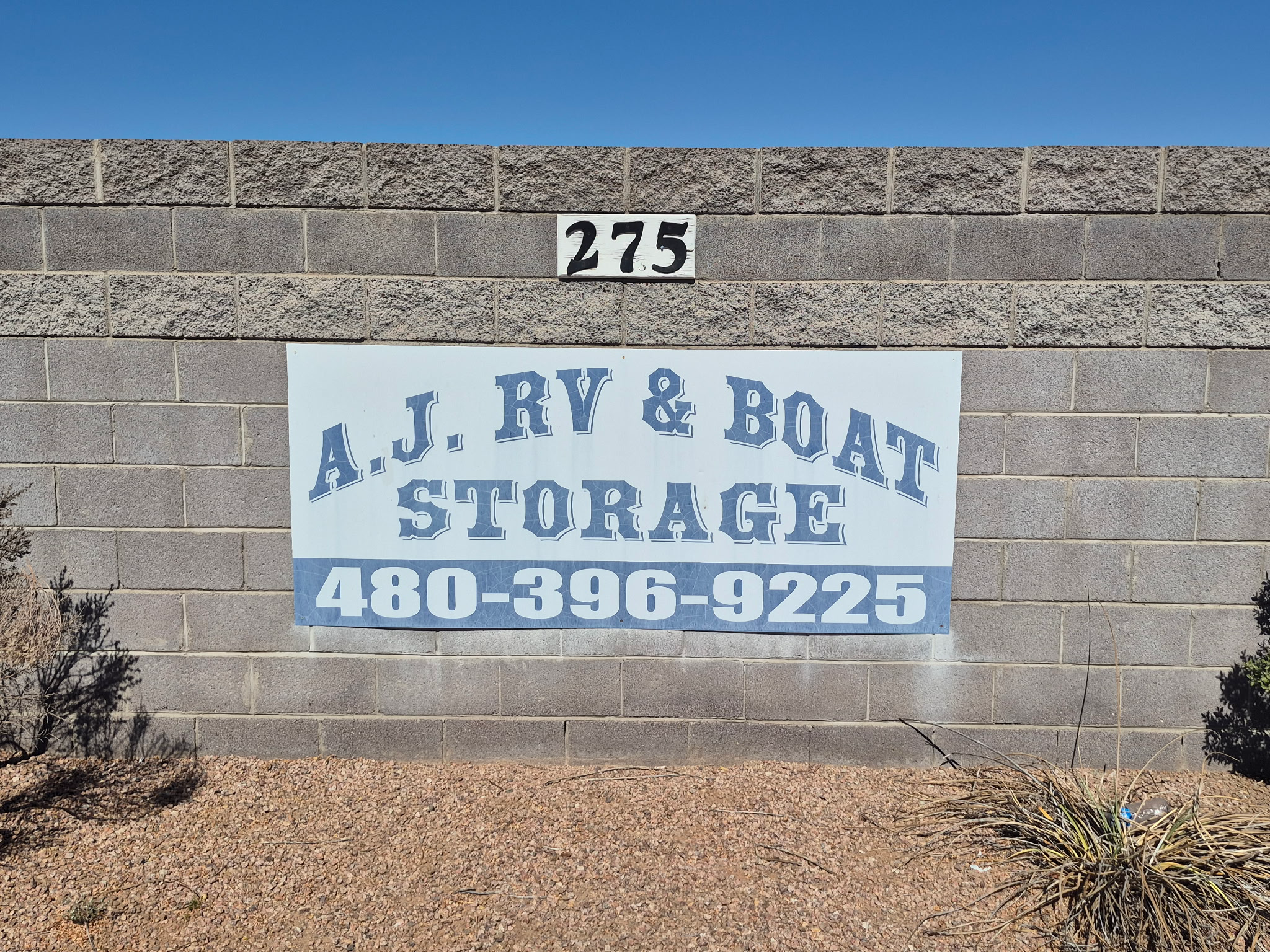 A.J. RV and Boat Storage sign at 275 S Meridian Road